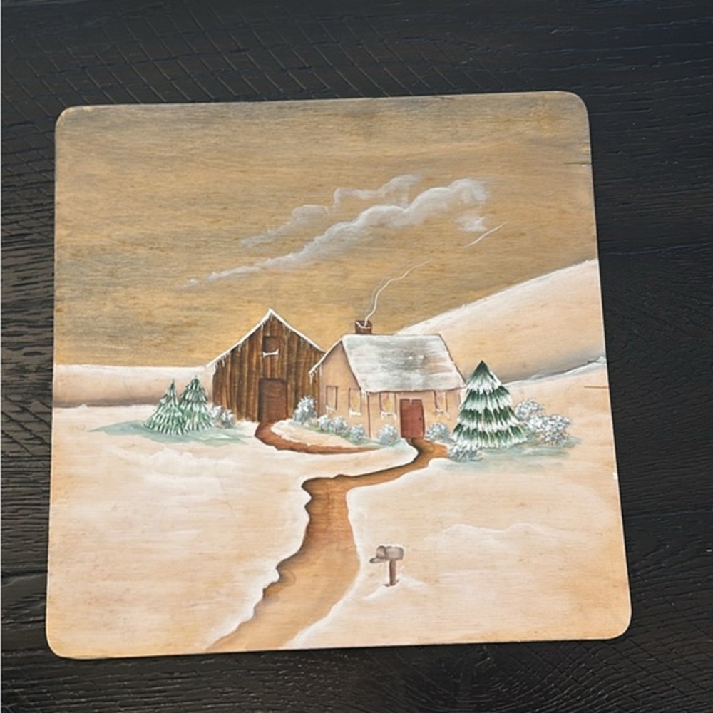 Hand Painted on Wood Winter Cabin Rustic Art Seasonal Landscape